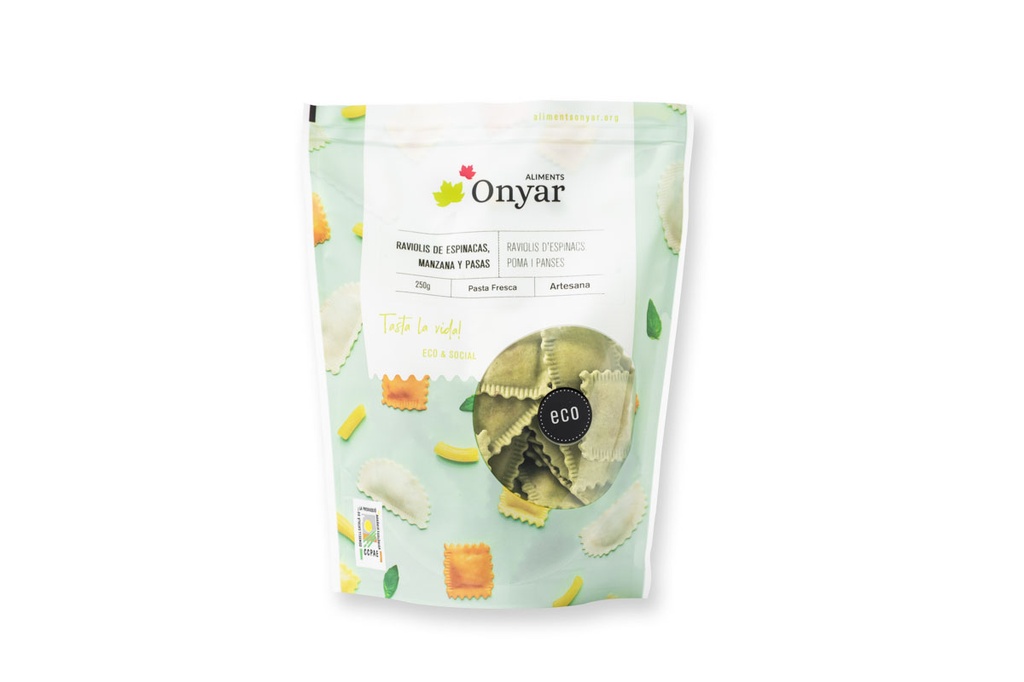 Raviolis d'espinacs, poma i panses
