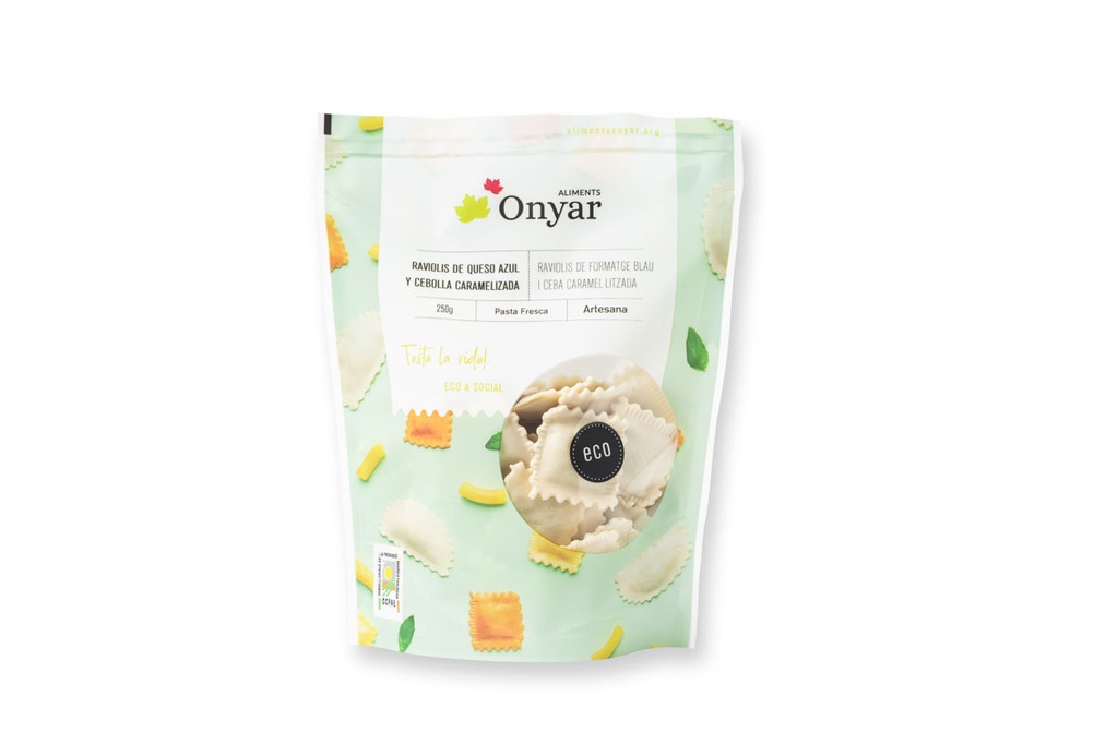 Raviolis de formatge blau i ceba caramelitzada